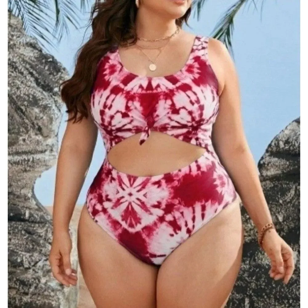 Plus Size Tie Dye Cut Out Knot Front One Piece Swimsuit sz 0X